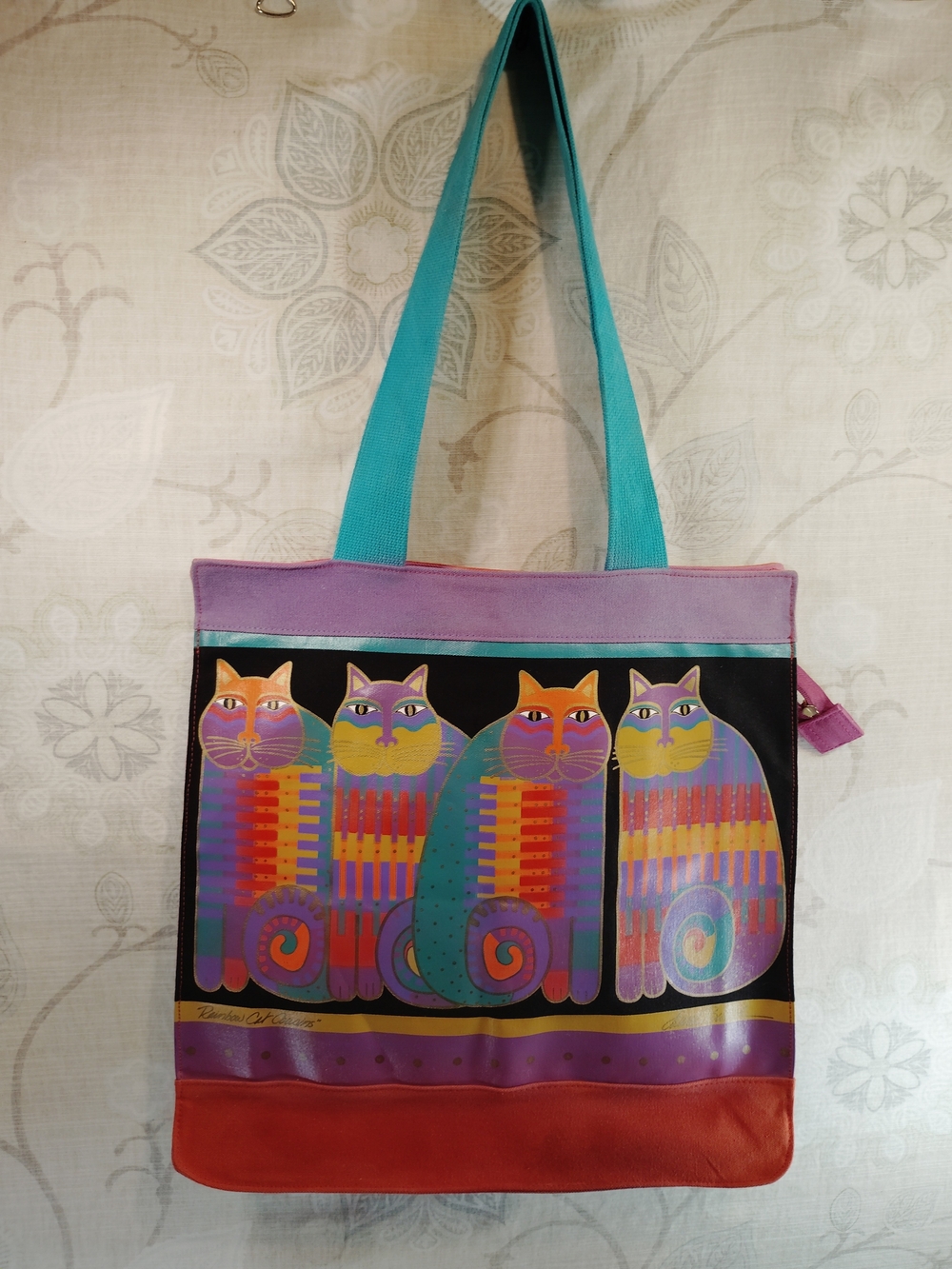 Laurel Burch Multicolor Cat-Print Shoulder Tote with Teal Handles